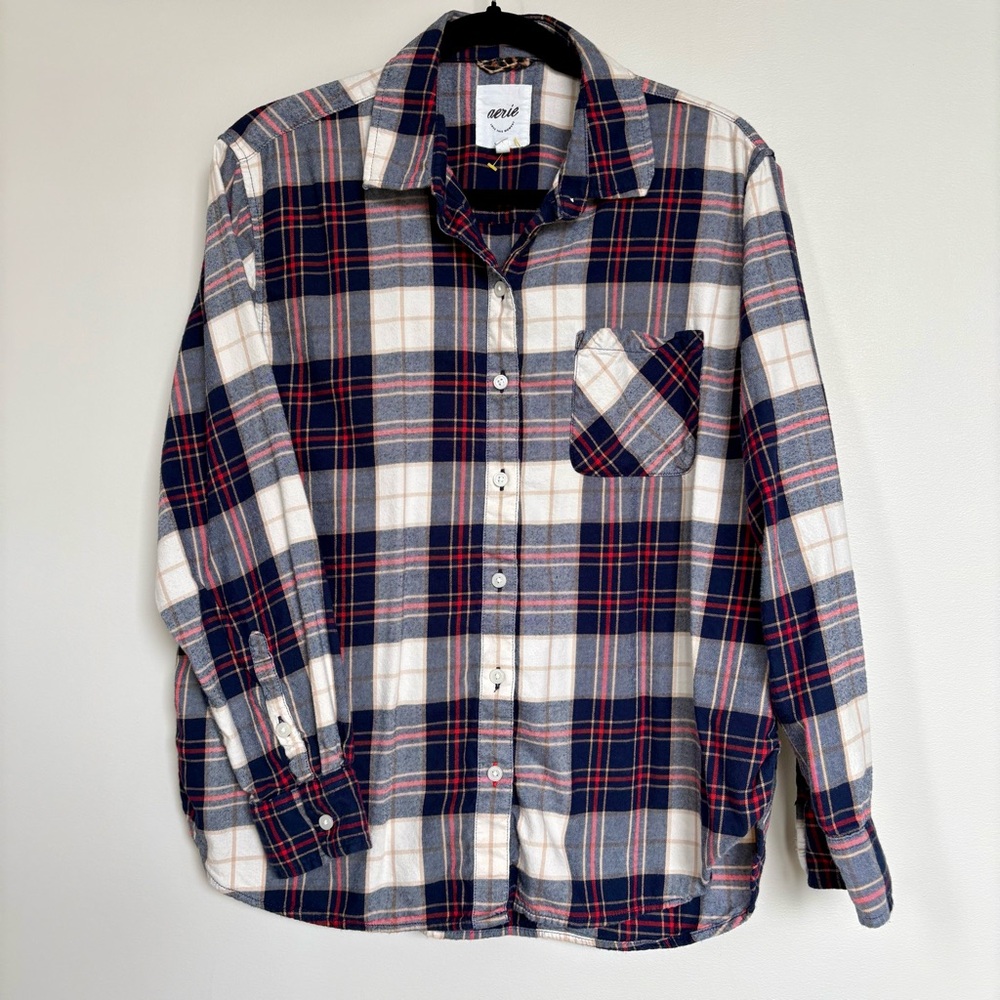 Aerie Plaid Flannel Button Down Shirt, Women’s Small, Navy Red White Long Sleeve